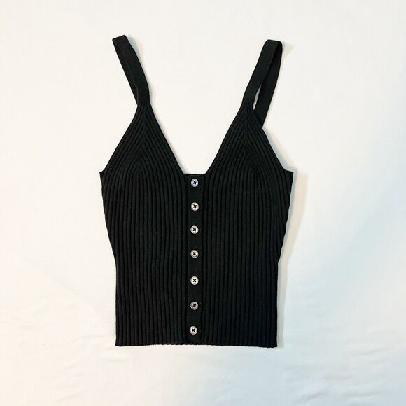 Aerie Tops - Aerie Ribbed Knit Tank Top S Cropped Black Cami Button Coquette Going Out Casual